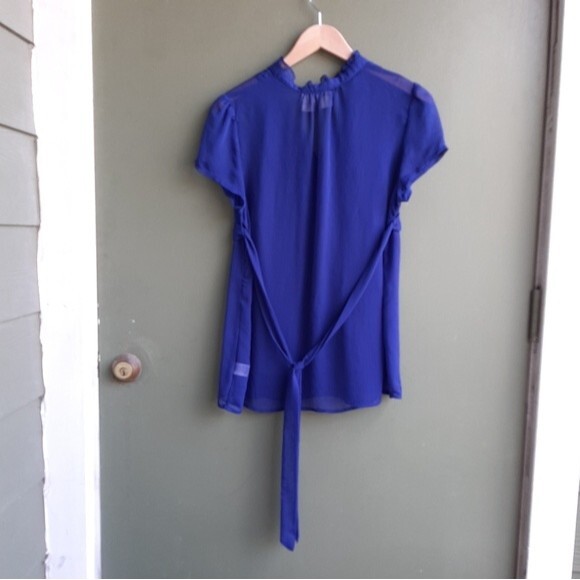 Duo Maternity Blue Sheer Blouse Tunic Top Tie Waist Belt Size Medium - Picture 4 of 8